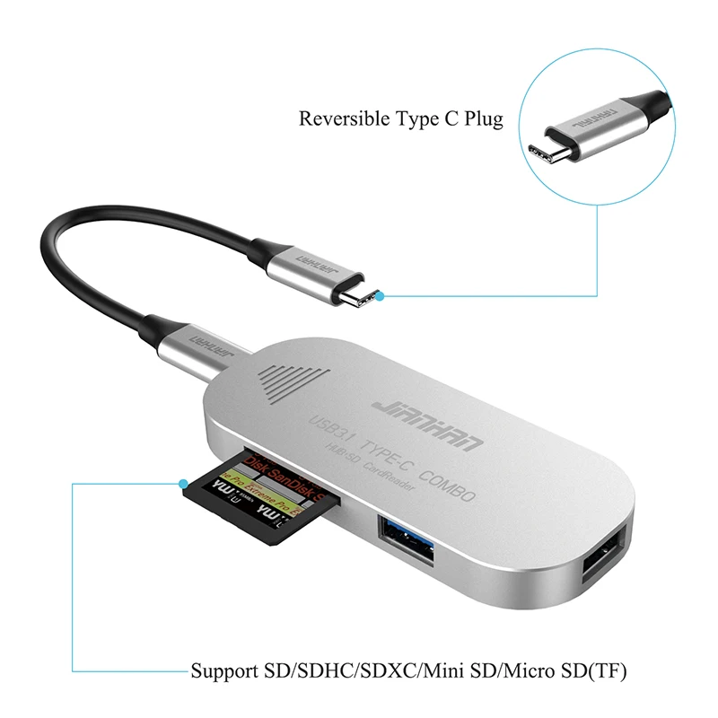 JianHan 5 في 1 USB C محور نوع C محور SD/مايكرو قارئ البطاقات SD نوع-C إلى USB 3.0 مع USB-C شاحن PD للماك بوك برو عالية الجودة