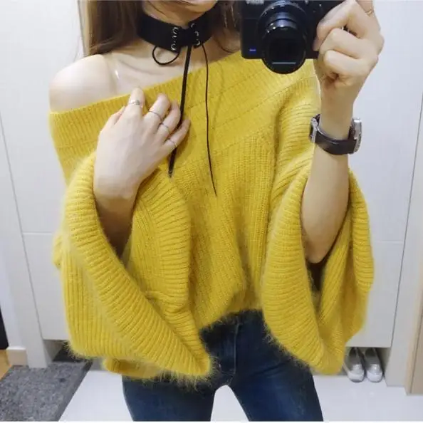 Осень зима женский модный свитер с вырезом лодочкой с открытыми плечами расклешенный рукав женский свитер, пуловер мягкий трикотаж - Цвет: 9892 Yellow