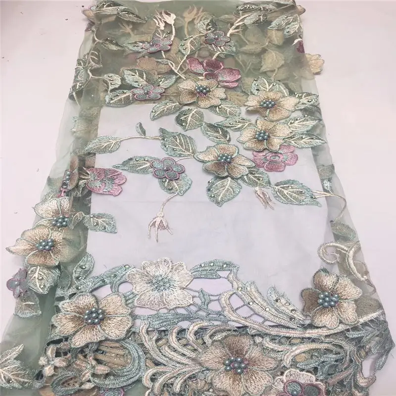 

3D Flower Net Lace Fabric green 2019 High Quality African Mesh Wedding Bride Dress Sewing beads Embroidered Material sky blue