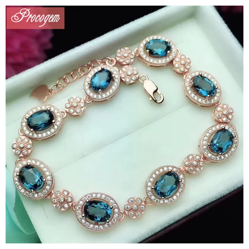 

Natural London Blue Topaz Tennis Bracelets for Women gift Luxurious 8pcs Genuine Gemstone 925 Sterling silver 18k Rose gold #136