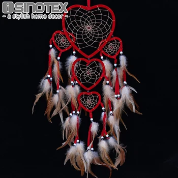 

Handmade Wall Hanging Pendant Red Beads Indian Dream Catcher Circular Net With Feathers Christmas Decoration New Year Gift
