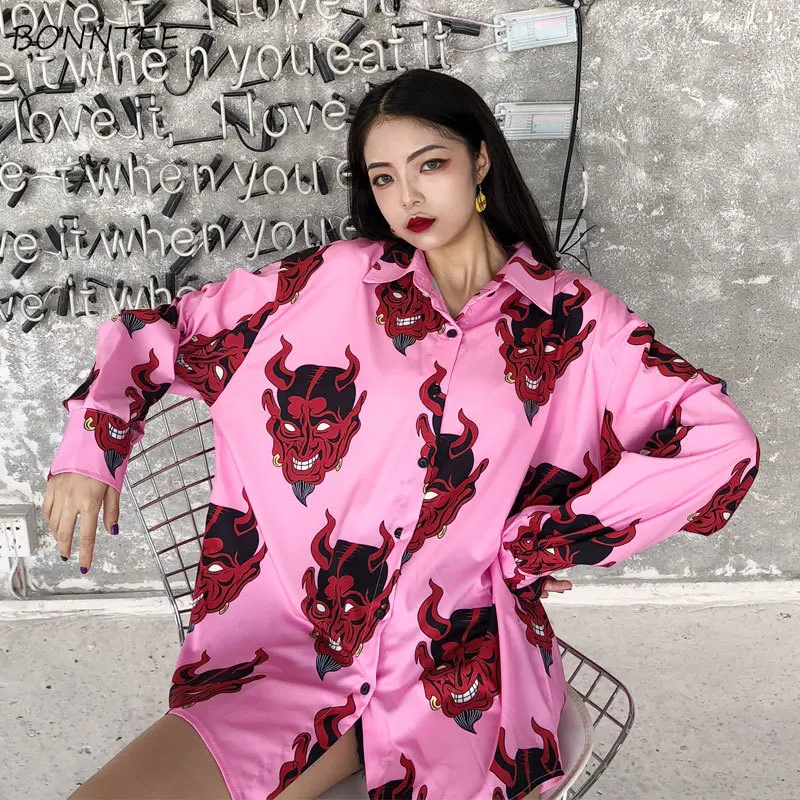 

Shirts Women Turn-down Collar Printing Harajuku BF Long Sleeves Tops Womens Korean Style Ulzzang Shirt Students Daily Blouses
