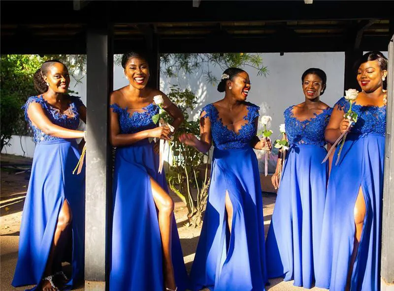South African Summer Chiffon Lace Bridesmaids Dresses A Line Cap Sleeve Split Long Maid of Honor Gowns Plus Size Custom Made BM0615  79 (8)