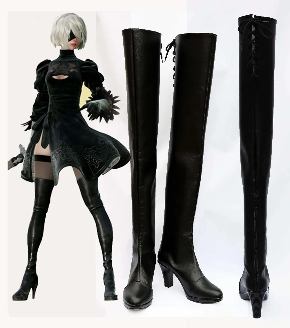 

NieR:Automata 2B YoRHa NO.2 Type B Cosplay Shoes Handmade Long Black Boots Customize PU Leather European Size