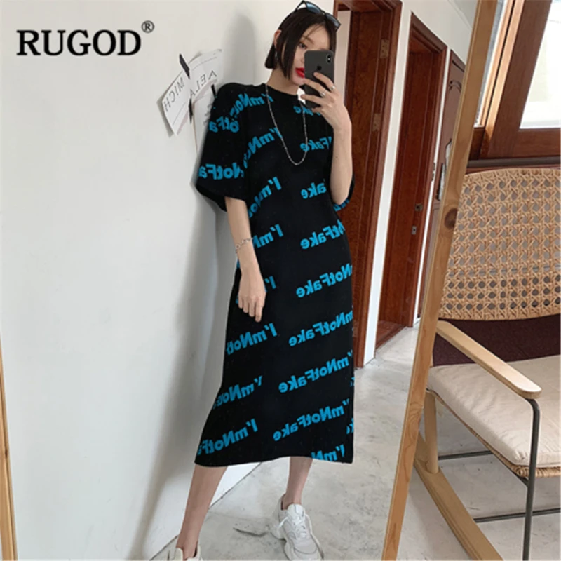 

RUGOD 2019 Women Summer Straight Dress O-neck Loose Splited Letters Printed Dress Korean Style Personalized Casual Mujer Dress