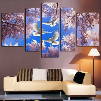 

5Panel Canvas Art Wall Modular Painting Landscape Cherry Trees And Dove Modern Pictures Posters Printed Home Decor Unframed