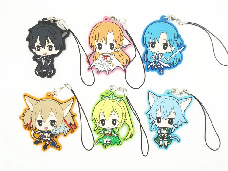 6 pcs/set Anime Sword Art Online figures Kirito Asuna Rika Sachi Yui Keiko pvc figure phone strap/Keychain pendant toys 