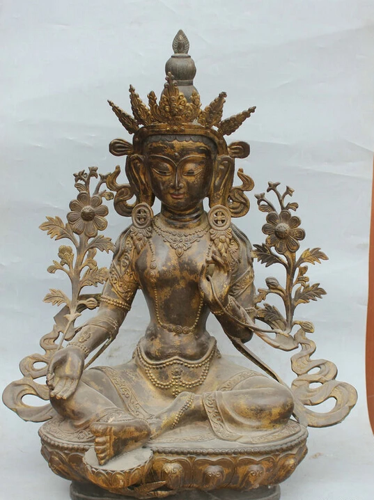 

S5639 28" Old Tibet Bronze Gold Seat Green Tara Mahayana enlightenment Goddess Statue D0318