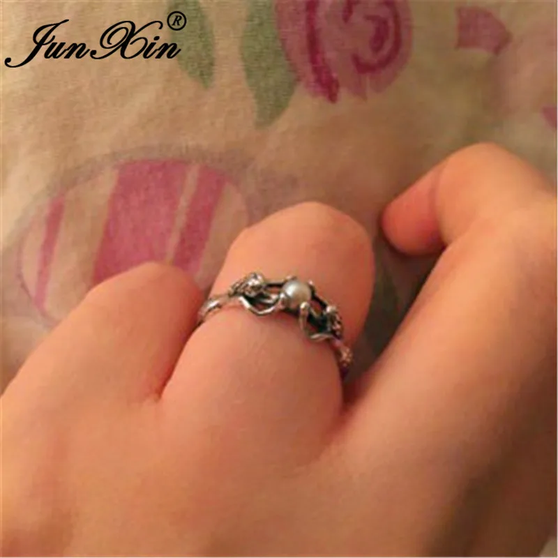 JUNXIN Antique 925 Silver Mermaid Rings For Women Round Aqua Blue Zircon Shell Pearl Beads Ring Female Birthstone Wedding Bands