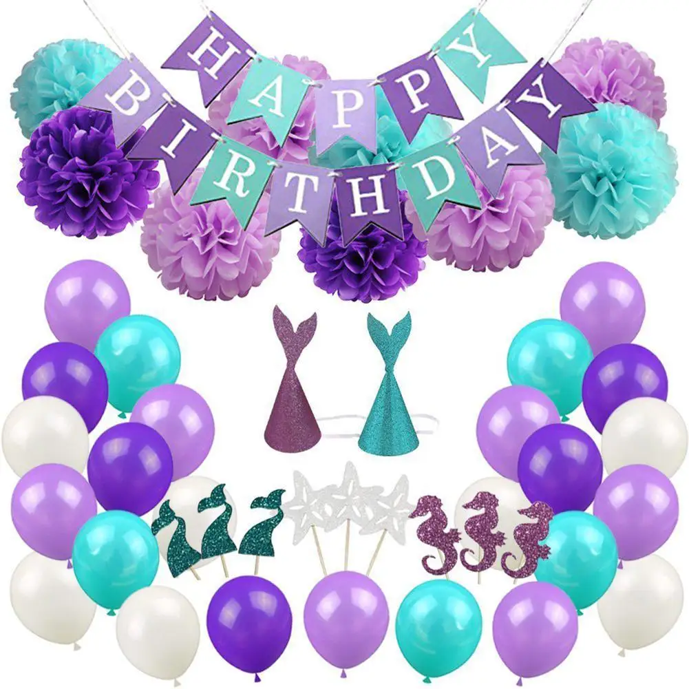 

76PCS Mermaid Theme Party Decoration Mermaid Birthday Bunting Banner Headdress Cake Insert Card Balloon