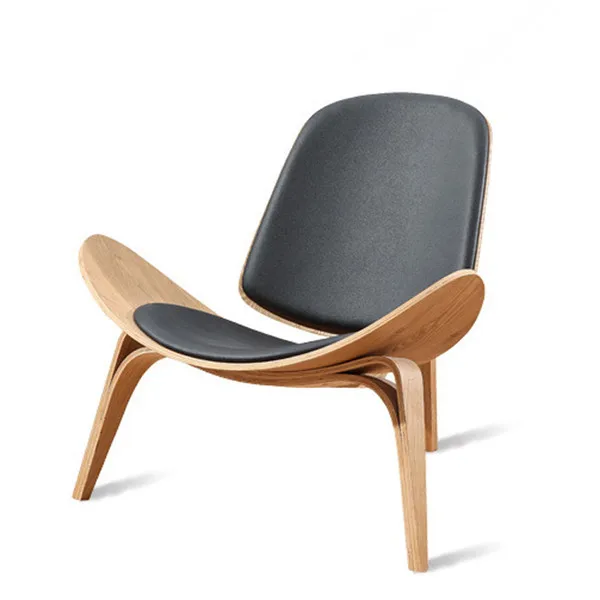 Hans Wegner Style Three Legged Shell Chair Ash Plywood Black Faux Leather Living Room Furniture Modern Replica Hans Wegner Style Three Legged Shell Chair Ash Plywood Black Faux Leather Living Room Furniture Modern Replica