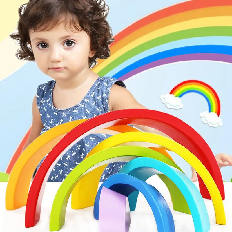 

Colorful Wooden Blocks Toys Creative Rainbow Assembling Blocks Infant Children Educational Baby Unisex Toys