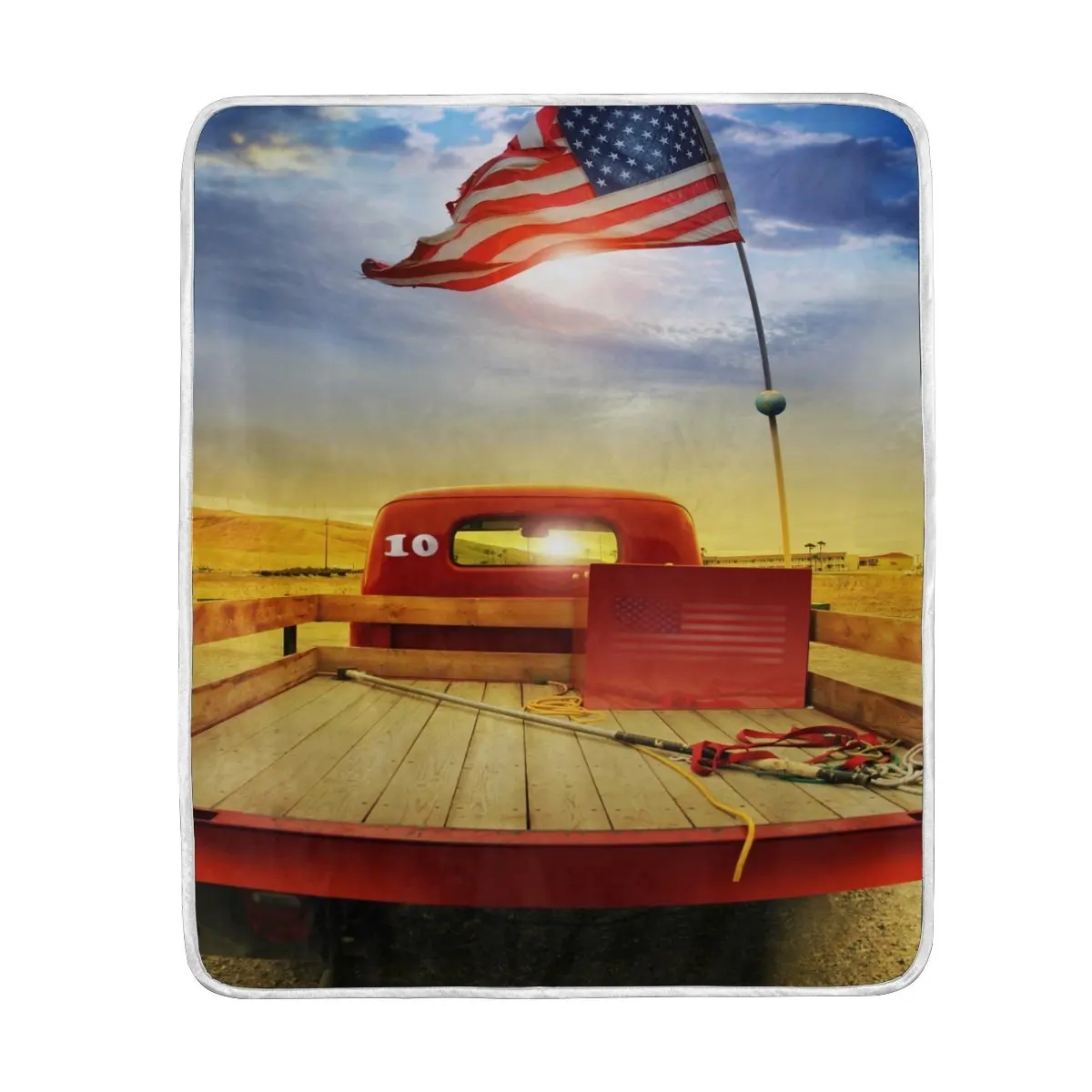 American Flag Truck Car Sunset Vintage Blanket Soft Warm Cozy Bed Couch