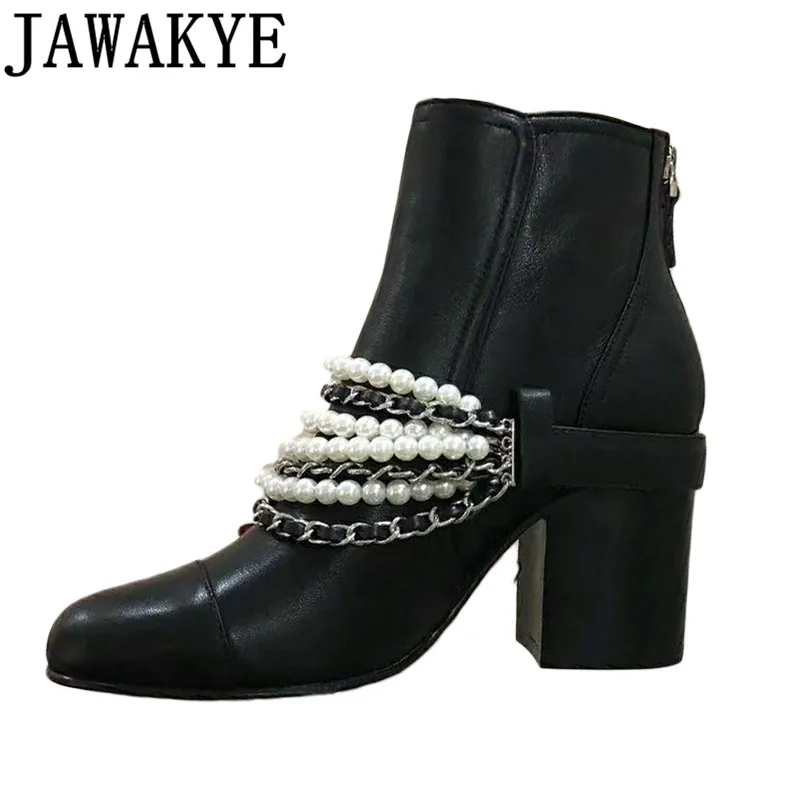 

2018 Genuine leather high heels Women Botas metal chain pearled Ankle Boots runway design luxury diamond martin short botas