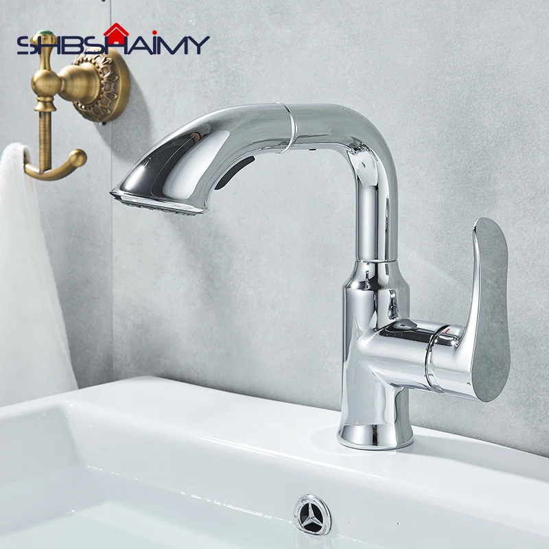 

Chrome Polished Pull Out Bathroom Basin Faucet Dual Mode Spout Cold and Hot Water Mixer Single Handle Single Hole Flexible Crane