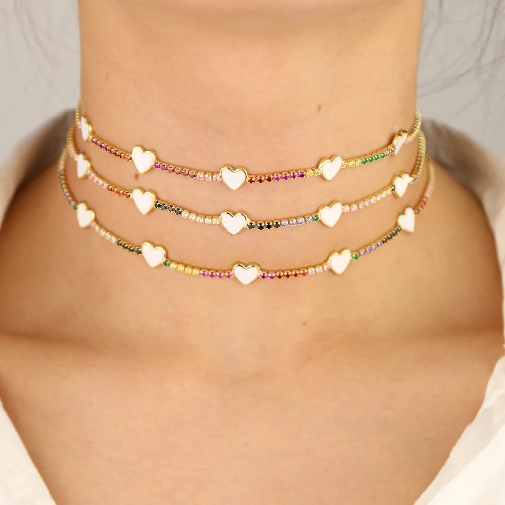 

rainbow colorful cz tennis chain with enamel heart Fashion trendy minimal women lady jewelry statement charming choker necklace