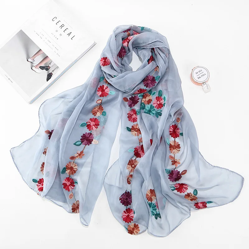 Women Silk Scarf Luxury Brand Beach Shawl Flower Embroidery Echarpe