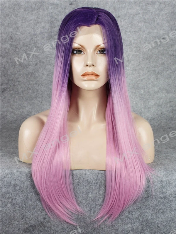 K02 Purple Root To Pink Ombre Color Straight Synthetic Lace Front Wig Heat Resistant Heavy Density