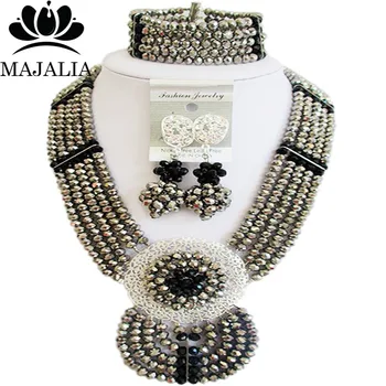 

Majalia Fashion Nigeria Wedding African Beads Jewelry Set Silver and Black Crystal Necklace Bridal Jewelry Sets 6DN036