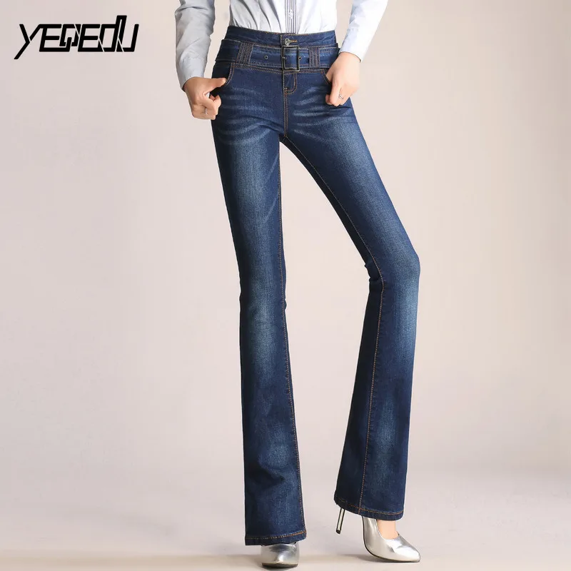 

#3006 Flare Jeans Womens Push Up Slim Fit Jeans Feminino Fashion Formal With Belt Bell Bottom Ladies High Waist Denim Jeans