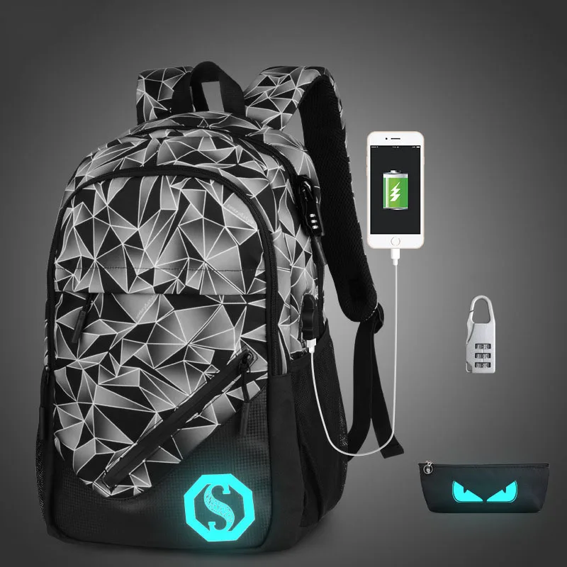 

New style college wind shoulder bag men and women students trend charging usb luminous bag leisure Oxford computer bag