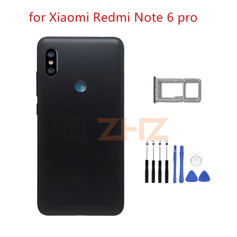 

for Xiaomi Redmi Note 6 Pro Battery Back Cover Rear Housing Metal Door Camera Glass Lens + Side Key card tray+tools Repair Parts