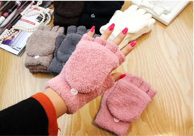 Зимние шерстяные перчатки, толстые теплые варежки, модные женские и женские перчатки, теплые зимние однотонные женские перчатки без пальцев