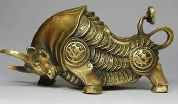 

oriental Collection Chinese fortune brass bull statue 19.5x9.5x10 cm wholesale 2PCS factory Bronze Arts outlets (0405)