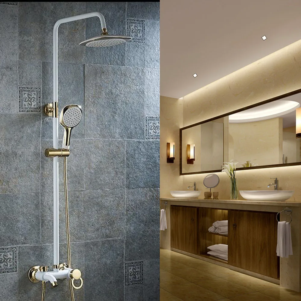 

Modern Gold Finished Wall Mounted 8" Round Shower Head With Hand Shower Shower Faucet Set