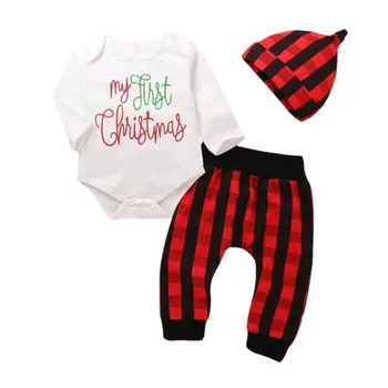 

Newborn Baby Boy Girls Cotton Romper Letter Jumpsuit Long Pants Leggings Hat Outfits 3PCS Sets Xmas Plaid Clothes Sets