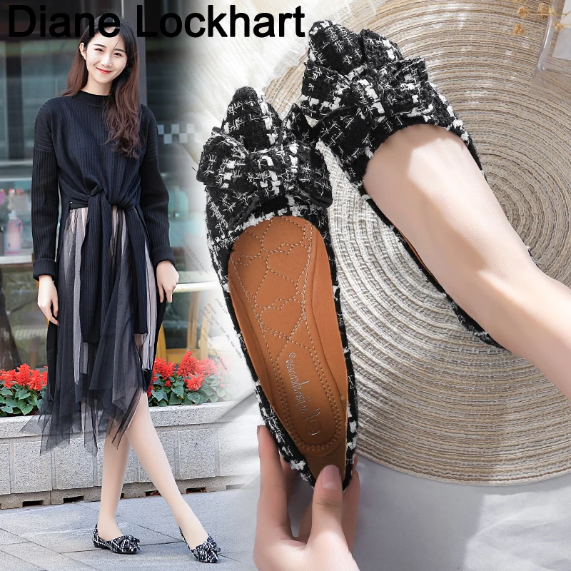

2019 Spring Autumn Women Flats Plaid Cloth Shoes Ladies Bow Pointed Toe Non-slip Flat Women's Boat Shoes chaussures femme mujer