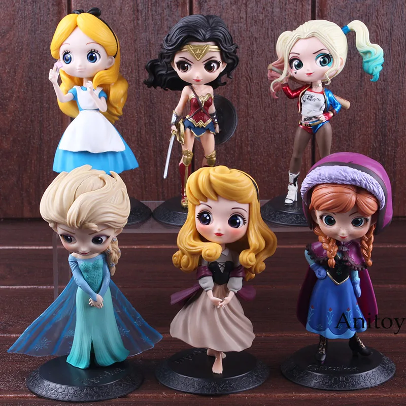 

Q Posket Characters Princess Aurora Alice Harley Quinn Wonder Woman Anna Elsa Doll PVC QPosket Princess Girl Figure Toys Dolls
