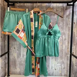 2019 новый летний Для женщин в стиле ретро с принтом короткий рукав пижамы 3 предмета шорты с поясом, комплект Шелковая пижама, пикантная
