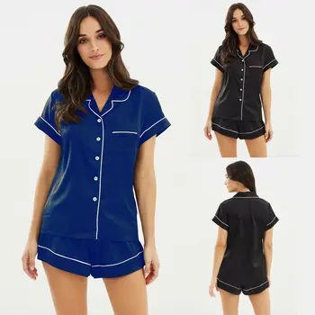 

Hot Women Stain Silk Lace Lingerie Striped Single-breasted Short Sleeve Top Short Pant Shorts Sets Female 2 Piece Set Plus Size
