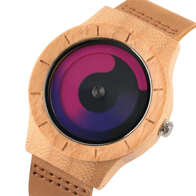 Casual Men Women Wooden Watch Novel Vortex Non-pointer Sport Bamboo Wristwatch Geek Concept Young People Wood Clock Cool Gifts (18)