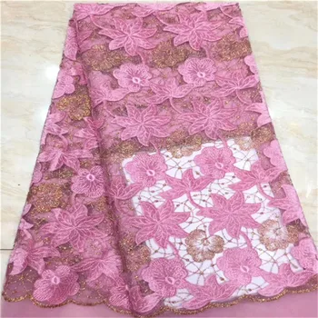 

New Pink Color Handcut French Velvet Lace Fabric 2019 Embroidered Nigerian French Tulle Mix Velvet Lace Fabric