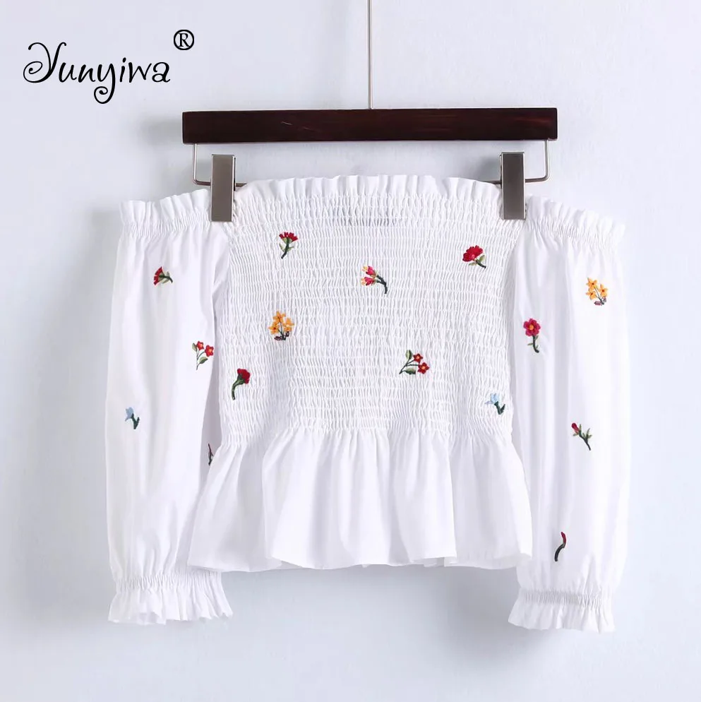 

Women Blouse Shirts Casual Solid plus size Blusa Appliques Full Sleeve Slash neck Tops Blusas