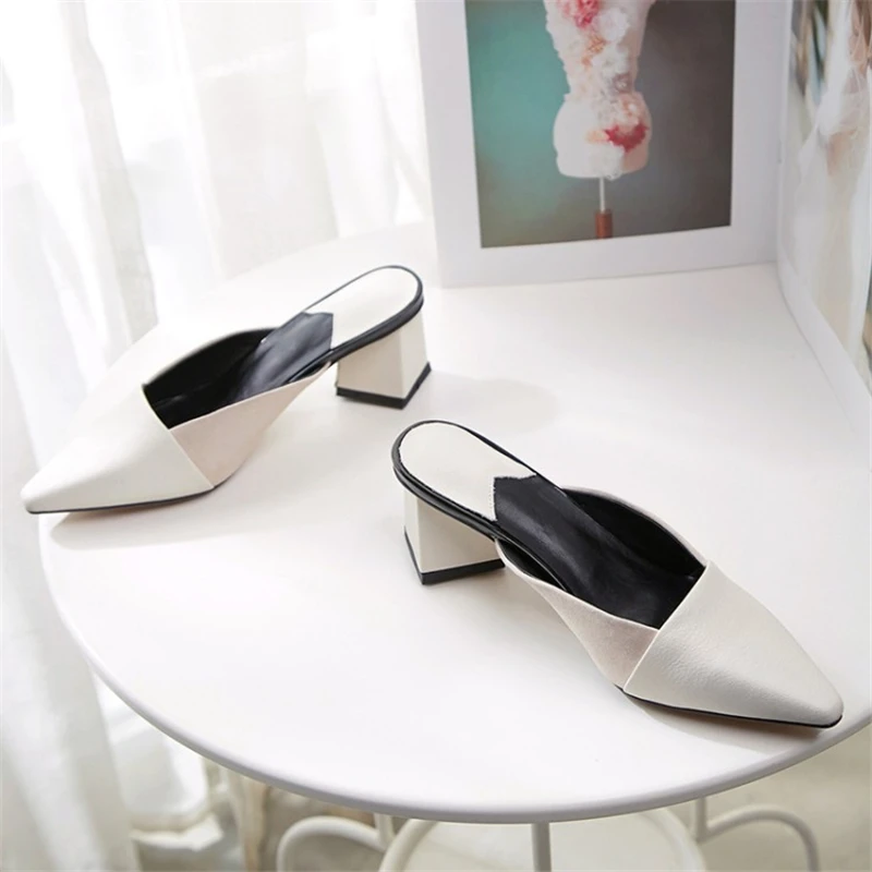 MSSTOR Strange Style Slippers Women Off White Yellow Genuine Leather Concise Fashion Summer Shoes Pointed Toe Mules Shoes Women MSSTOR Strange Style Slippers Women Off White Yellow Genuine Leather Concise Fashion Summer Shoes Pointed Toe Mules Shoes Women