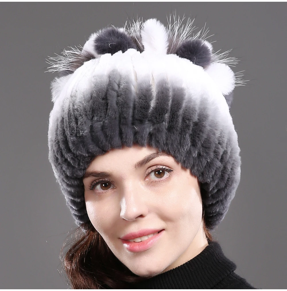 Новый ручной вязки Настоящий мех кролика шапочки шапки для женщин зимние теплые из натуральной кролика рекс мех животных кепки леди лиса