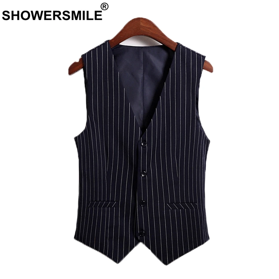 SHOWERSMILE Stripe Vest Women Navy Office Lady Sleeveless Jackets Female Cotton Slim Fit Thin Ladies Spring Autumn Waistcoat 3XL