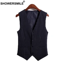 SHOWERSMILE Stripe Vest Women Navy Office Lady Sleeveless Jackets Female Cotton Slim Fit Thin Ladies Spring Autumn Waistcoat 3XL
