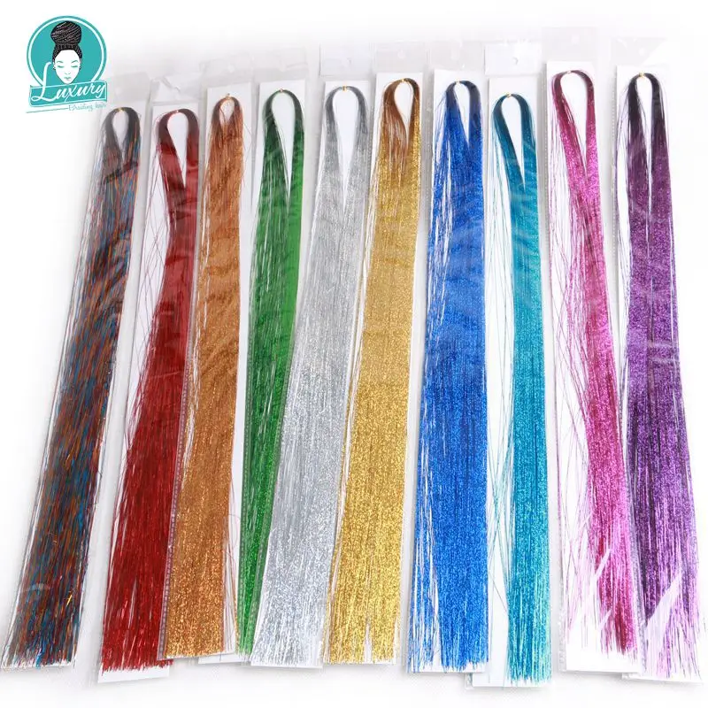 

Luxury for Braiding Synthetic Hair Sparkling Silver Purple Rainbow Pink Gold Blue Colorful Hair Bling 22inch Folded Hair Tinsel