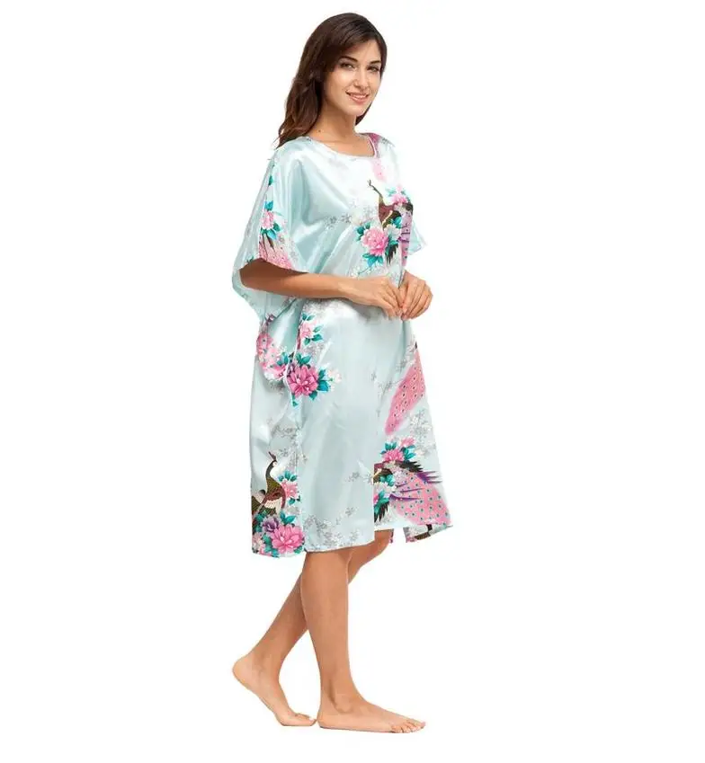 Горячая Распродажа, розовый китайский женский шелковый халат, платье, сексуальная ночная рубашка, повседневное домашнее платье, кимоно, цветочное кимоно, платье, негабаритное, NR113 - Цвет: Light Blue