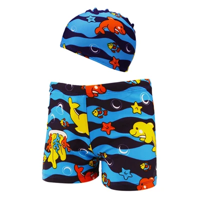 Купальные шорты для маленьких мальчиков, 2 предмета детские летние Стрейчевые пляжные шорты с рисунком животных+ шапочка для плавания, для детей возрастом от 2 до 6 лет, A25 - Цвет: Dark Blue