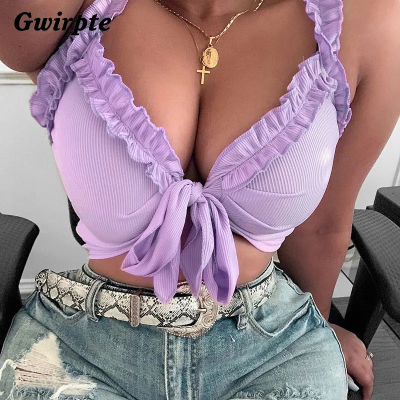 

Gwirpte spaghetti straps V-neck bandage bow sexy Ruffles camis 2019 summer women fashion club party streetwear solid crop tops