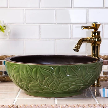 

Chinese Style Ceramic Art Basin Sinks Counter Top washing basin vanity wash basin leaf carving