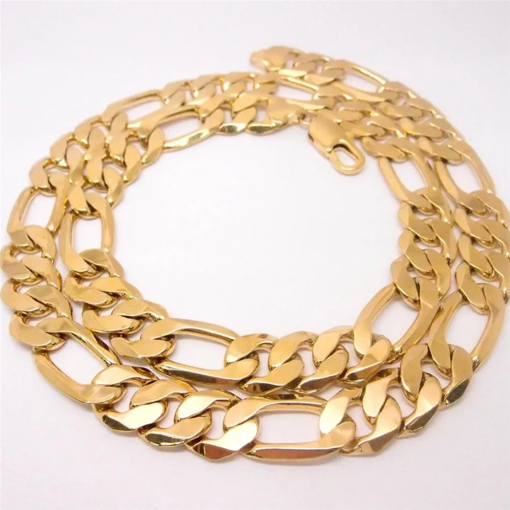 

60cm Men's 18 K Yellow Solid Gold Filled Figaro Necklace Chain Link Flat Hammered Wide 12mm 3/1
