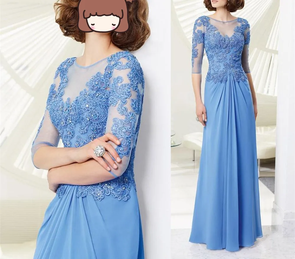 

Elegant Long Blue Lace Evening Dresses 2015 Half Sleeve Sheer Gorgeous Mother of Bride Dress Floor Length Chiffon E6149