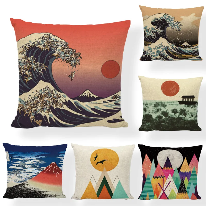 Kreative Japan Traditionellen Malerei Welle Meer Kissen Abdeckung Marke 45x45 cm Mountain Sonne Gestreiften Wohnzimmer Büro Decor möbel
