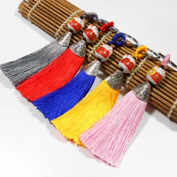 

Ceramics Happy Cat Tassel Keychains Key Rings Vintage Chinese Knot Key Charms Pendant Crafts Car Auto Keychain Ethnic Gift